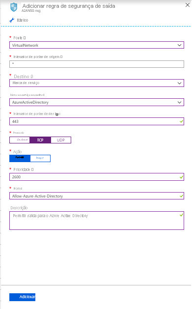 A captura de tela mostra Adicionar regra de segurança de saída para um grupo de segurança de rede para o Microsoft Entra ID.