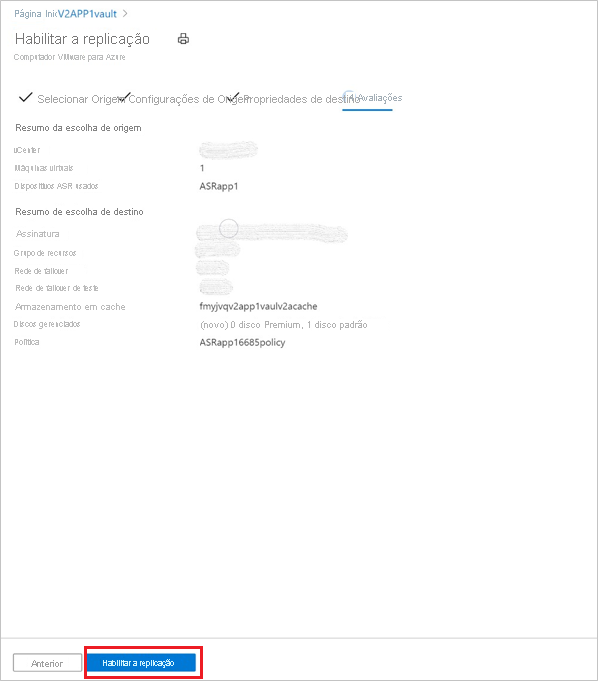 Captura de tela mostrando a seleção para habilitar a replicação para VMs do Azure.