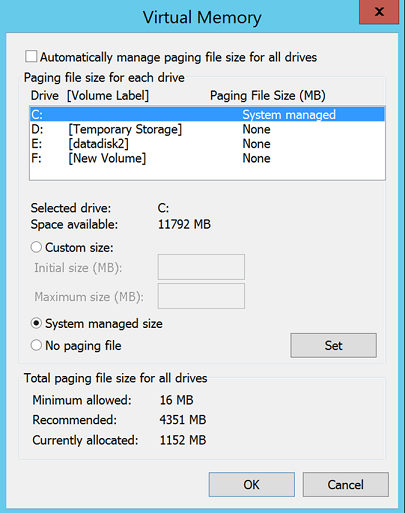 Captura de tela da caixa de diálogo Memória Virtual com a linha C: Drive realçada mostrando uma configuração de Tamanho do Arquivo de Paginação de 