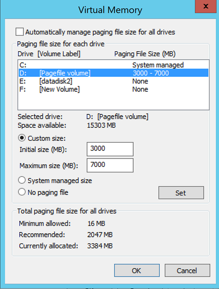 Captura de ecrã da caixa de diálogo Memória Virtual com a linha D: Drive [Volume do ficheiro de paginação] realçada mostrando um Tamanho de Ficheiro de Paginação (MB) de 3000-7000.