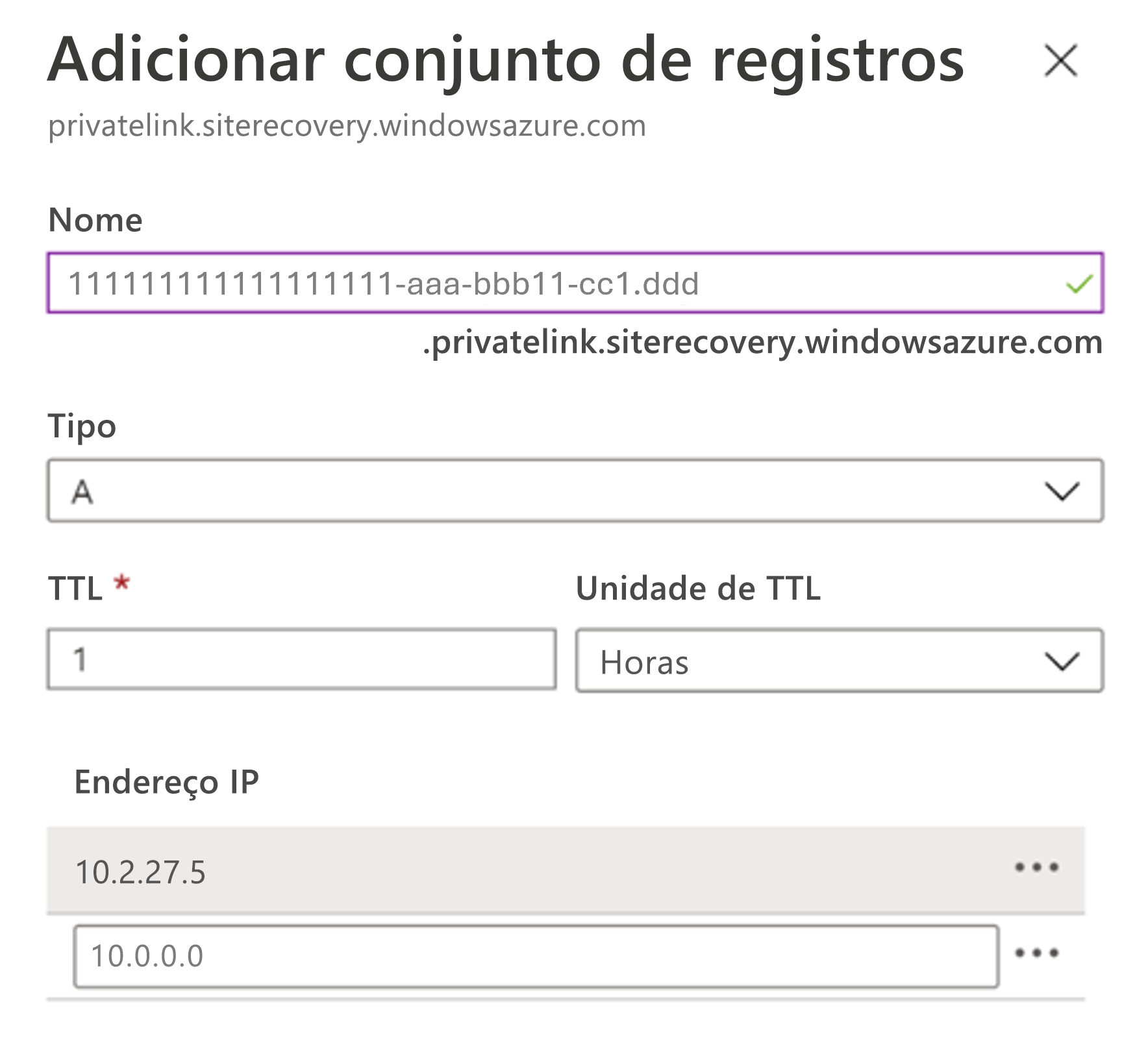 Captura de tela que mostra a página Adicionar conjunto de registros.