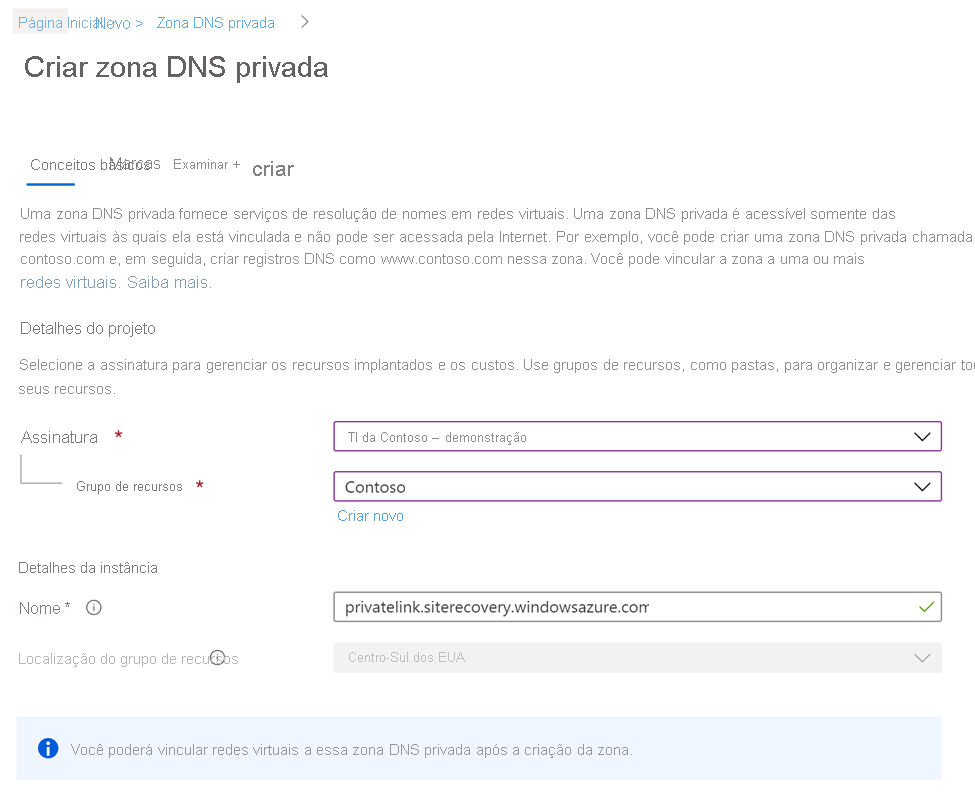 Captura de ecrã que mostra o separador Noções básicas da página Criar zona DNS privada.