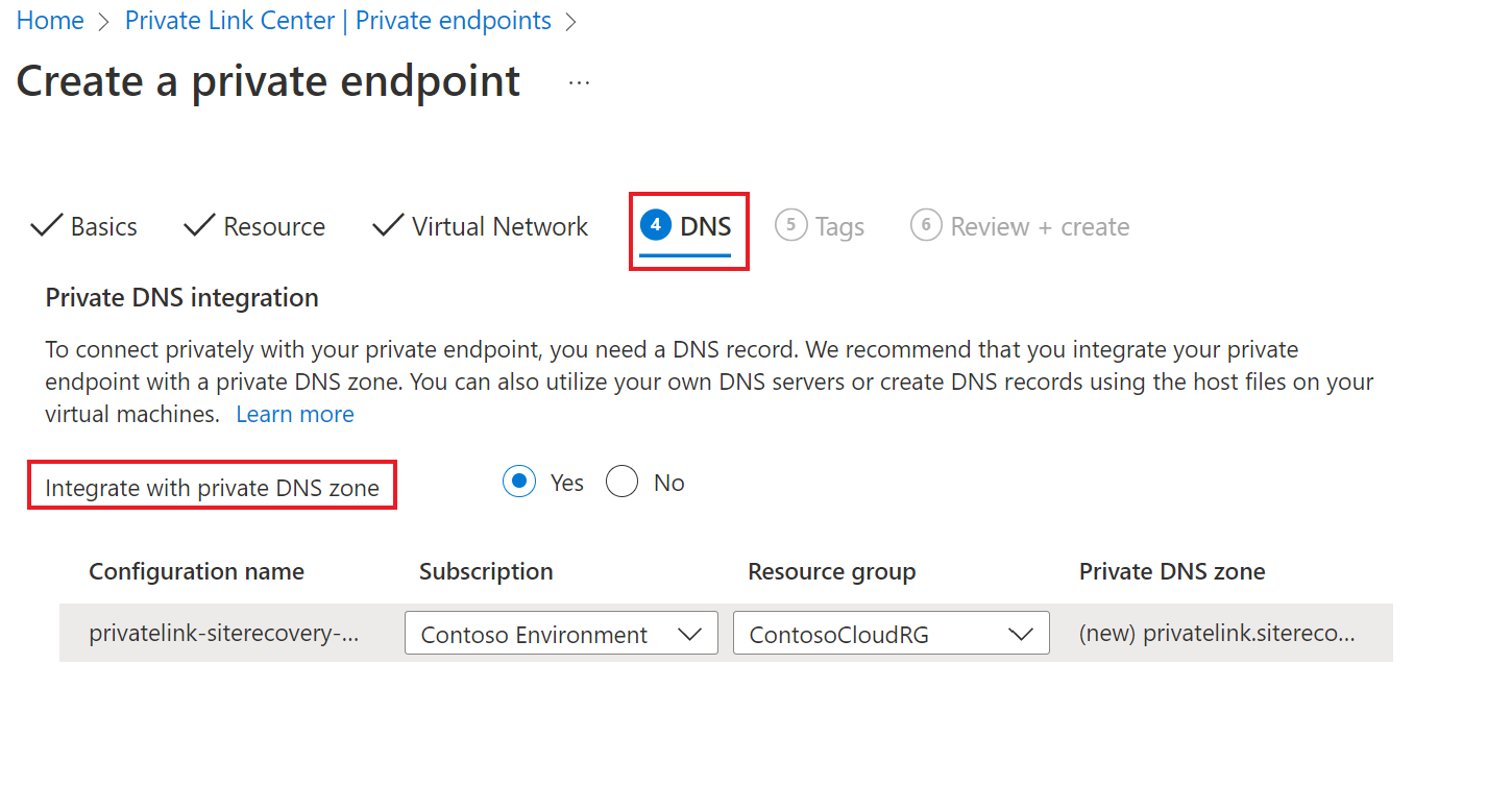 Captura de tela que mostra a guia Configuração para configuração de um ponto de extremidade privado.