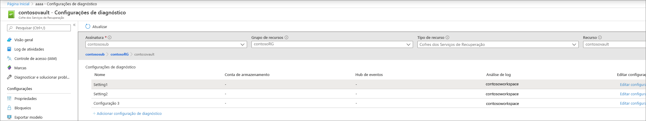 A captura de tela mostra um cofre com três configurações de diagnóstico.