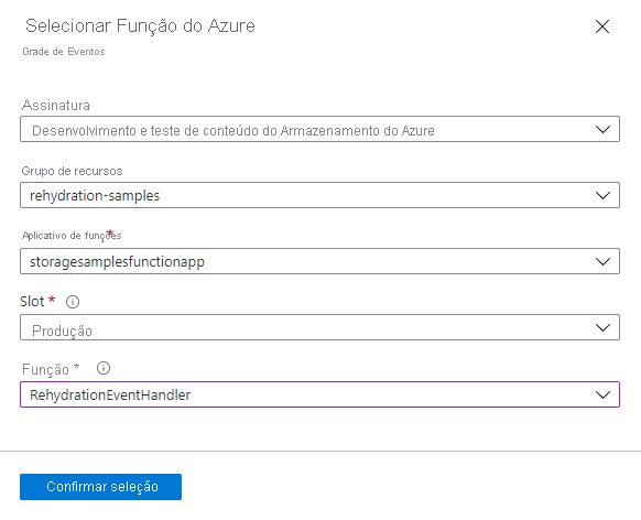 Captura de ecrã a mostrar como selecionar uma Função do Azure como ponto de extremidade para uma subscrição da Grelha de Eventos