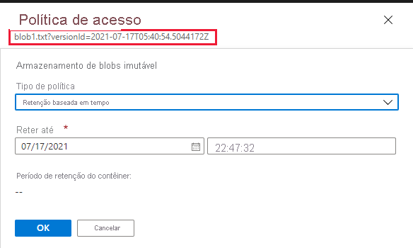 Captura de tela mostrando como configurar a política de retenção para uma versão anterior do blob no portal do Azure