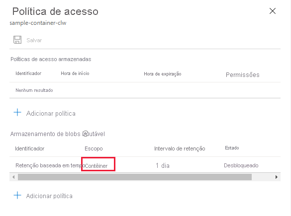 Captura de tela mostrando a política de retenção no nível do contêiner configurada para o contêiner