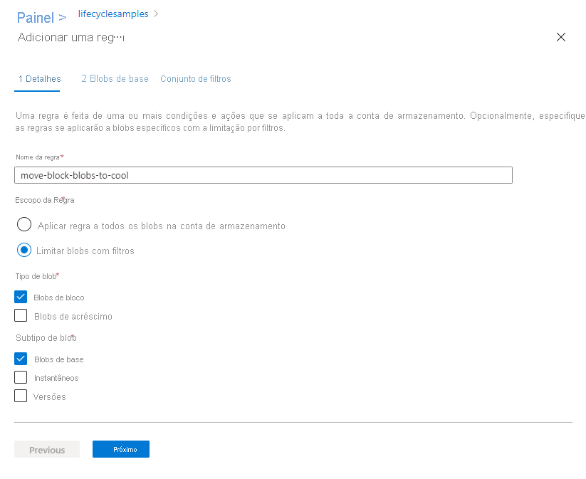 Gerenciamento do ciclo de vida adicionar uma página de detalhes da regra no portal do Azure