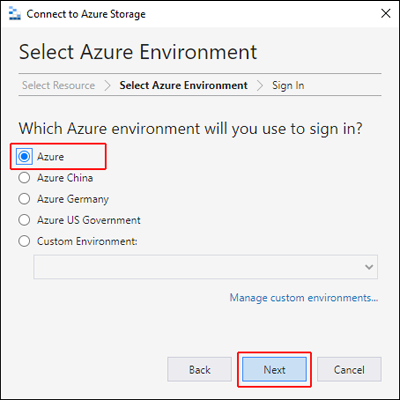 Captura de ecrã que mostra a janela Microsoft Azure Storage Explorer - Connect