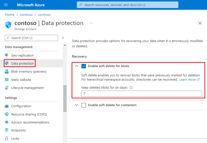 Captura de tela mostrando como habilitar a exclusão virtual no portal do Azure em contas que têm um namespace hierárquico.