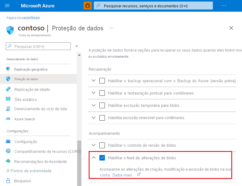 Captura de ecrã a mostrar como ativar o feed de alterações no portal do Azure