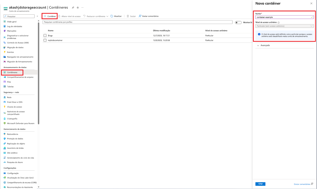 Screenshot showing how to create a container in the Azure portal