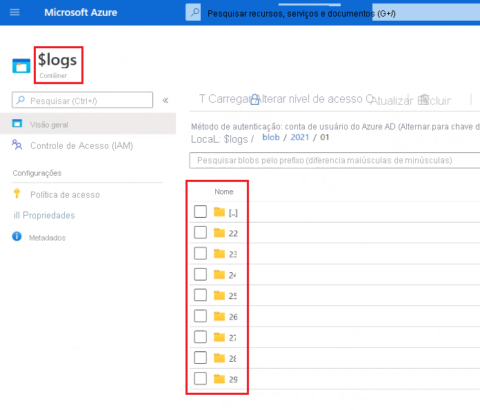 Lista de pastas de registo no Portal do Azure