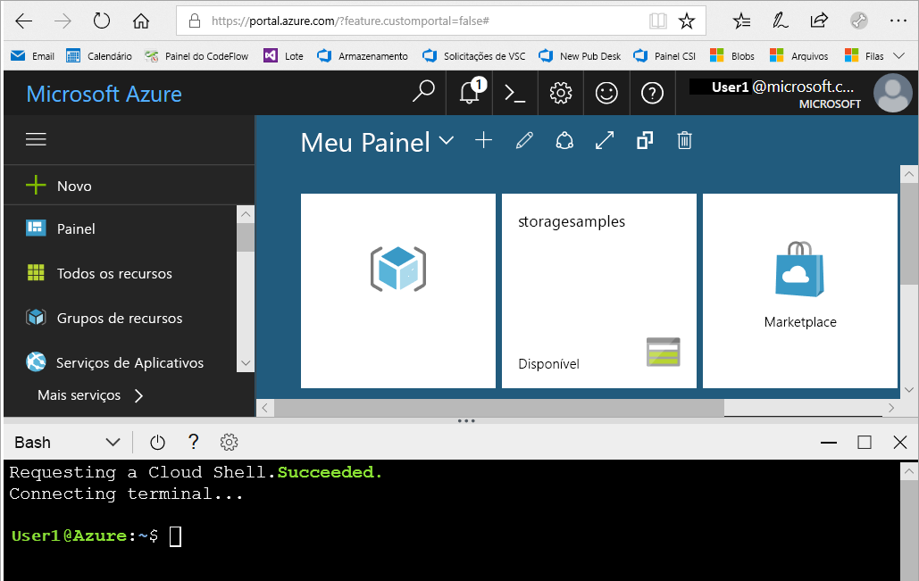Captura de ecrã que mostra a janela do Cloud Shell no portal