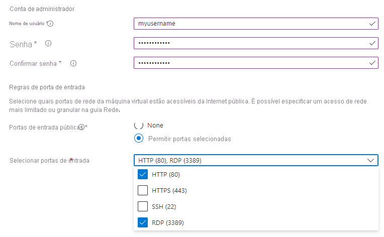 Captura de tela mostrando como definir o nome de usuário, senha e regras de porta de entrada para o V M.