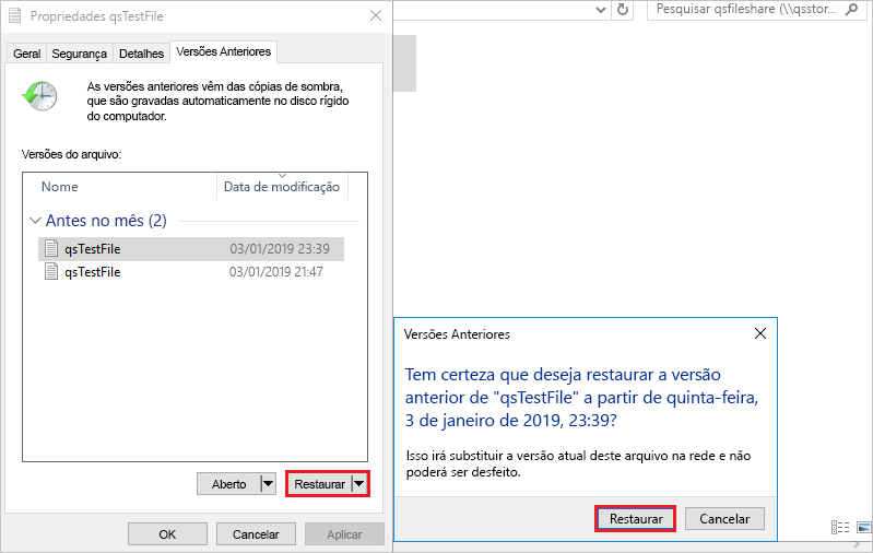 Captura de ecrã do separador Versões anteriores, o botão restaurar na mensagem de aviso está realçado.