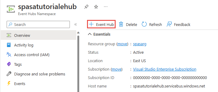 Captura de tela mostrando o botão Adicionar hub de eventos na página Namespace de Hubs de Eventos.