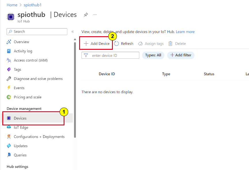 Captura de ecrã a mostrar o botão Adicionar Dispositivo na página Dispositivos.