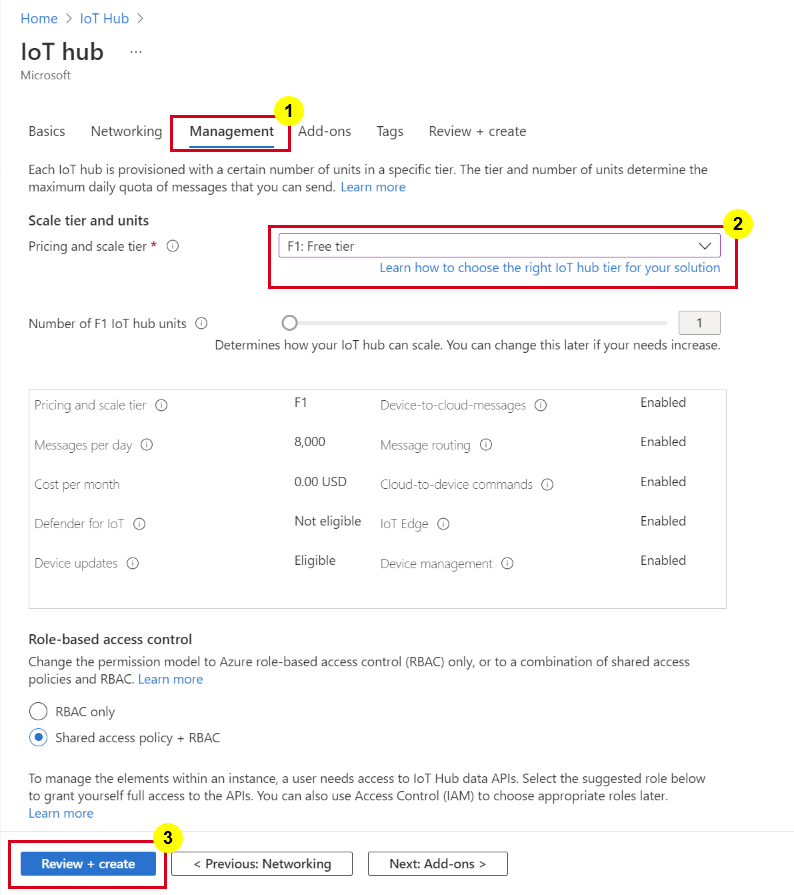 Captura de ecrã a mostrar a página de gestão de Hub IoT.