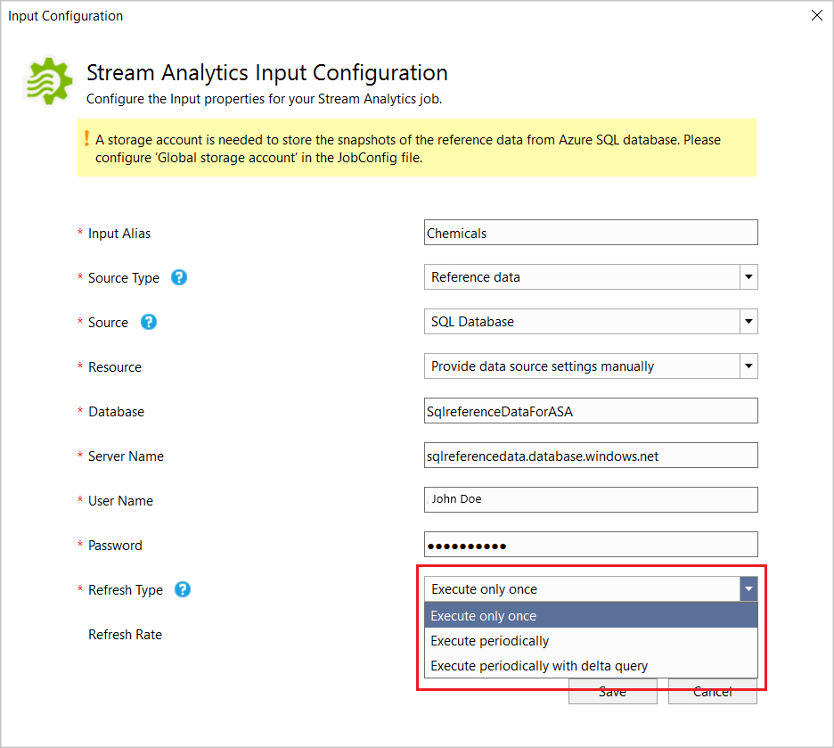 Na Configuração de Entrada do Stream Analytics, os valores são inseridos ou selecionados em listas suspensas.