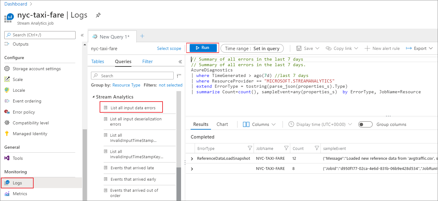 A captura de tela mostra os logs de um trabalho do Stream Analytics.