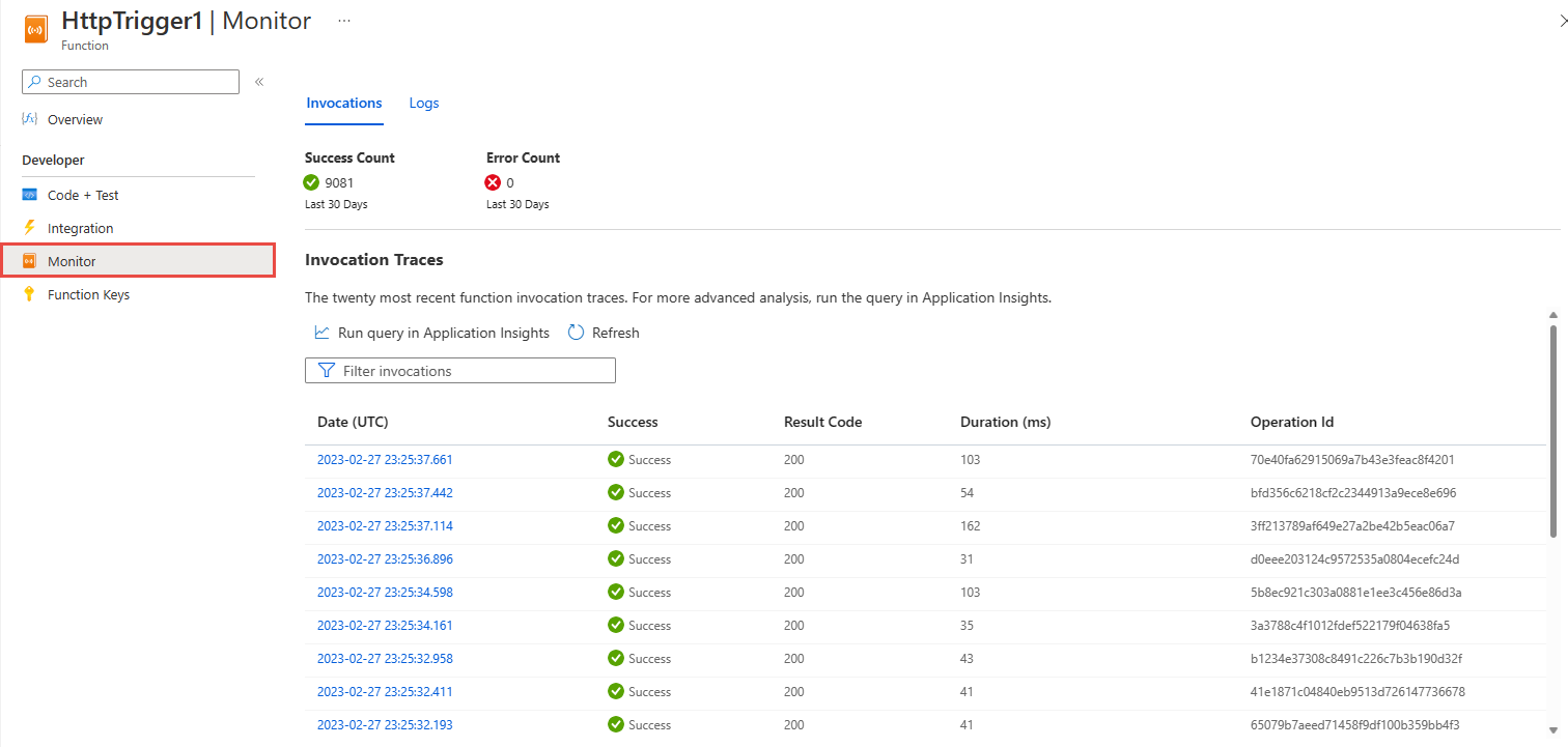 Captura de ecrã a mostrar a página Monitor do Azure Functions com invocações de funções.