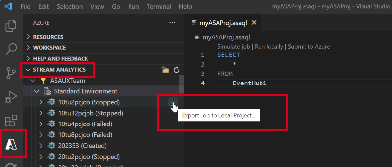 Localizar tarefa do ASA no Visual Studio Code