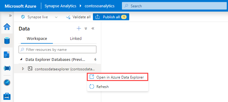 Captura de ecrã do Azure Synapse Studio a mostrar a abertura do Azure Data Explorer no contexto de um conjunto específico.