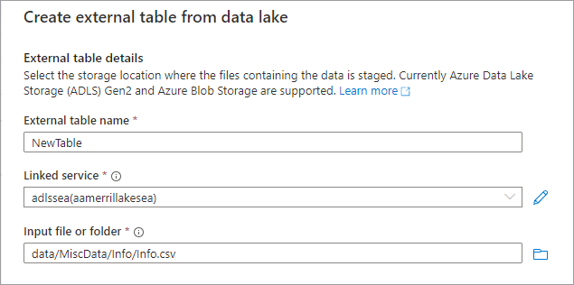 Captura de ecrã a mostrar as opções na tabela de criação externa a partir do painel data lake