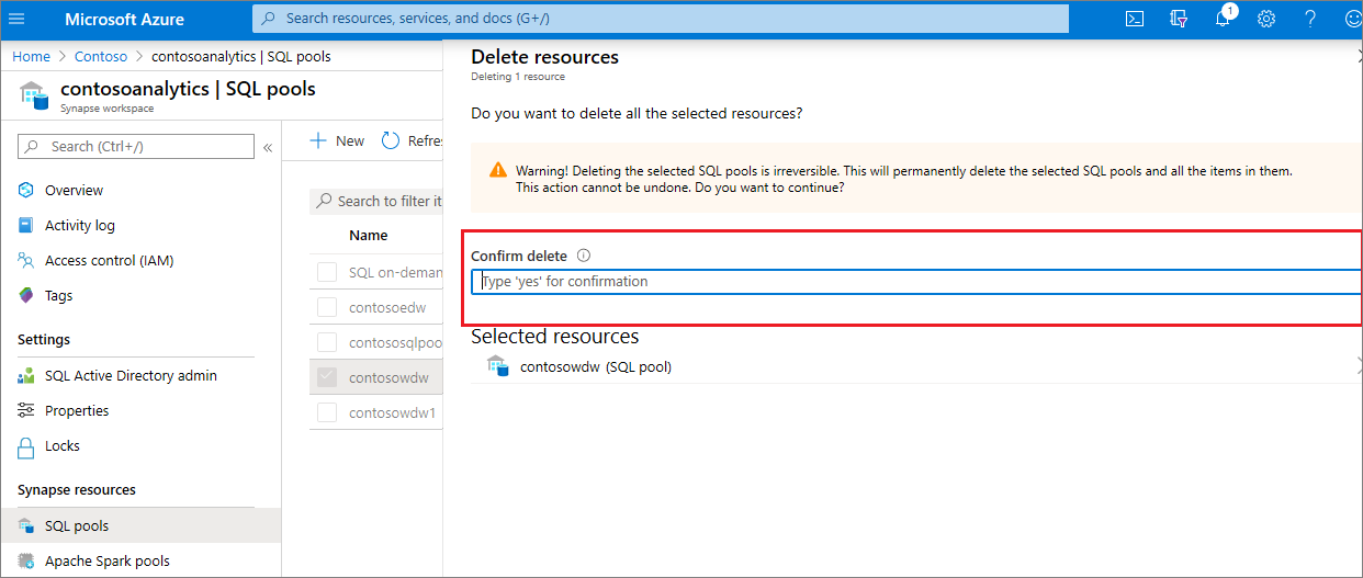 dedicated SQL pool overview - highlighting delete confirmation (Descrição geral do conjunto de SQL dedicado ao botão Eliminar) e realce da confirmação da eliminação.