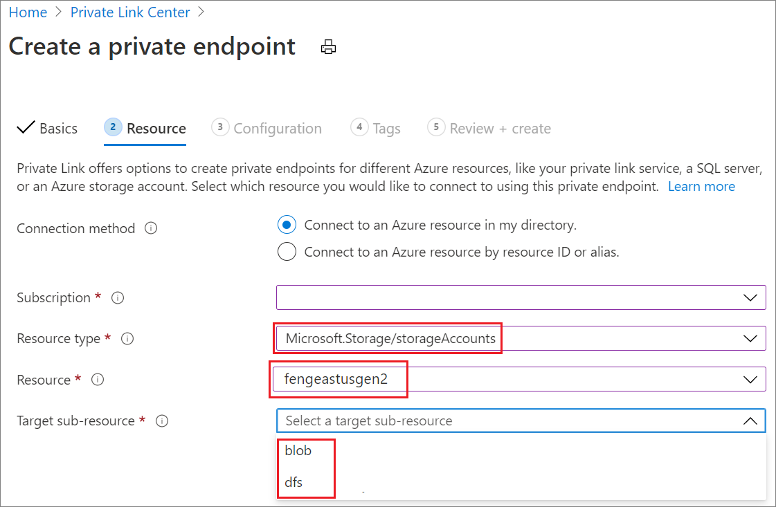 Captura de ecrã a mostrar Criar um ponto final privado, separador Recurso, armazenamento.