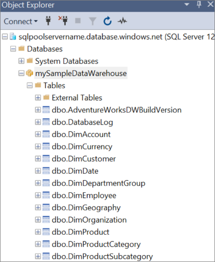 Uma captura de tela do SQL Server Management Studio (SSMS), mostrando objetos de banco de dados no Pesquisador de Objetos.