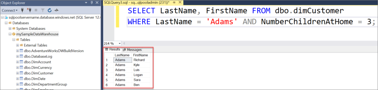 Uma captura de tela da janela de consulta do SQL Server Management Studio (SSMS). Consulta dbo.dimCustomer.