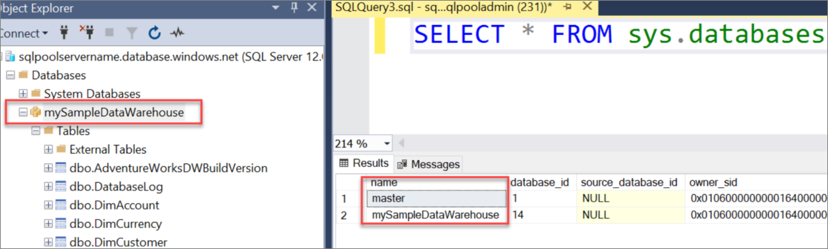 Uma captura de tela do SQL Server Management Studio (SSMS). Consultar bancos de dados no SSMS, mostrando master e mySampleDataWarehouse no conjunto de resultados.