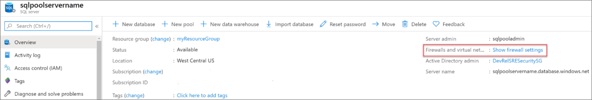 Uma captura de tela do portal do Azure. Configurações do servidor, Mostrar configurações de firewall.