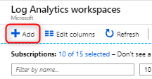 A captura de tela mostra os espaços de trabalho do Log Analytics onde você pode selecionar Adicionar.