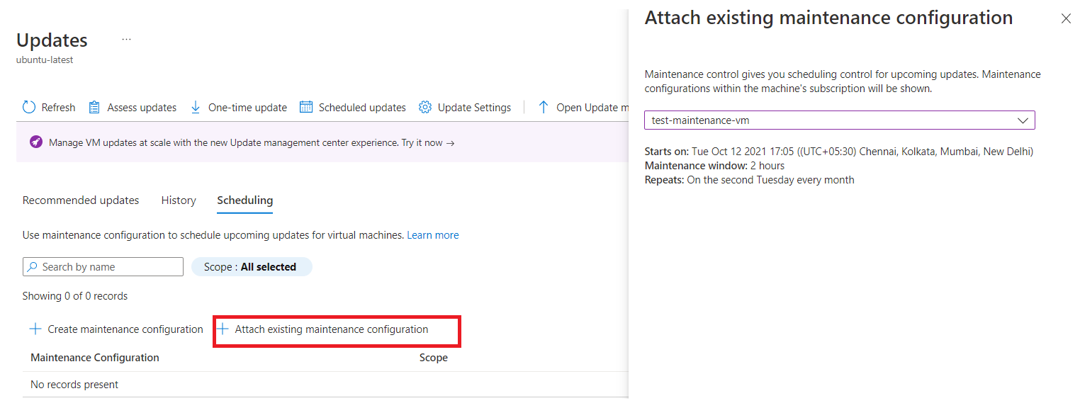 Captura de tela que mostra a configuração de manutenção de anexação de patches agendada.