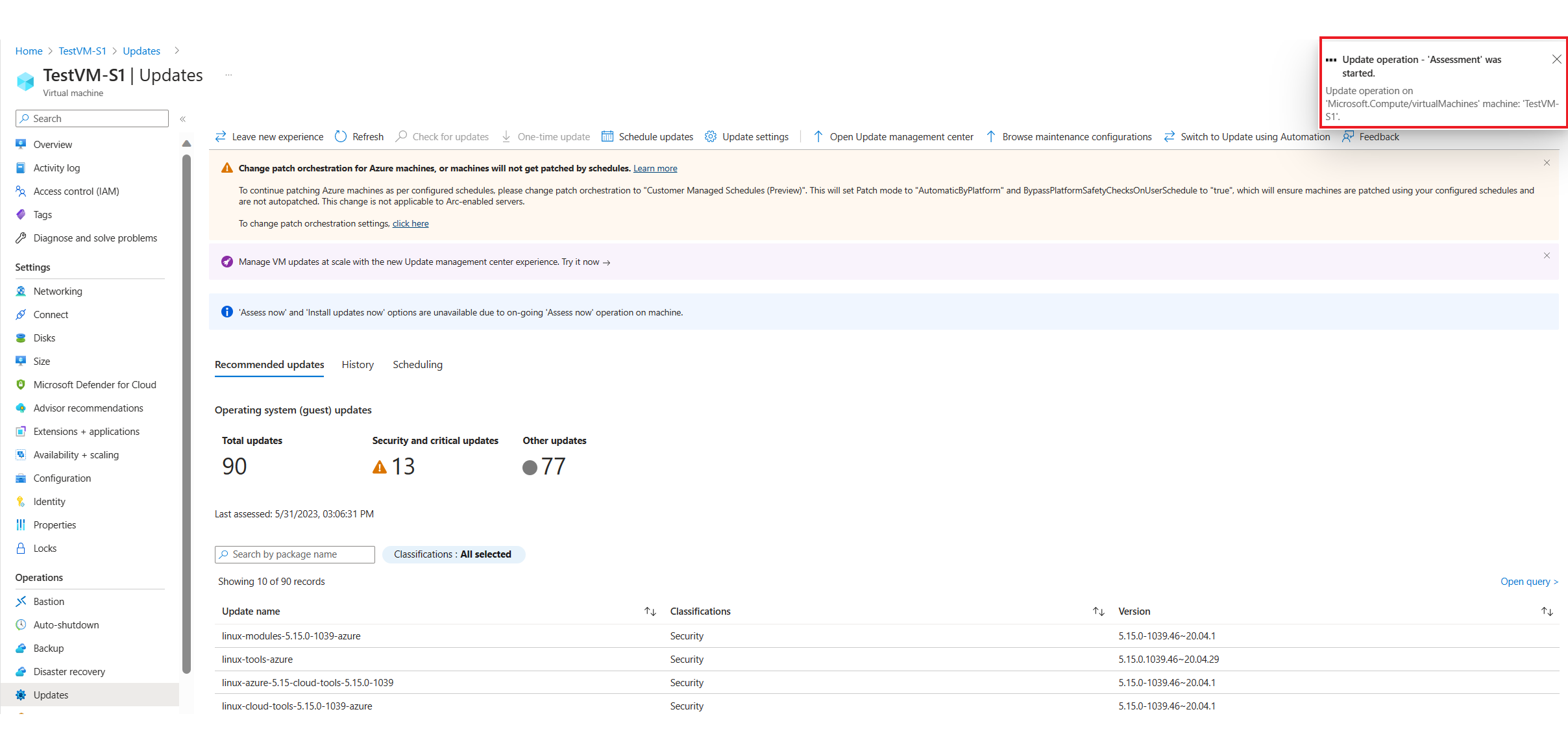 Captura de ecrã que mostra o estado depois de verificar as atualizações.