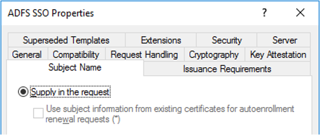 Uma captura de tela mostrando a guia de nome do assunto do modelo de certificado SSO e como ele deve ser quando configurado corretamente.