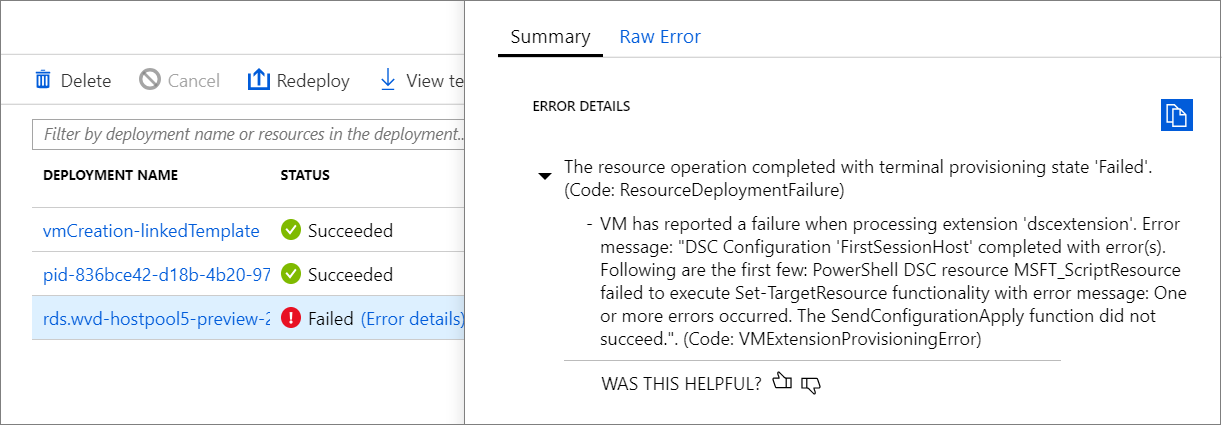 Captura de tela da falha de implantação com a Configuração DSC do PowerShell 'FirstSessionHost' concluída com Erro(s).