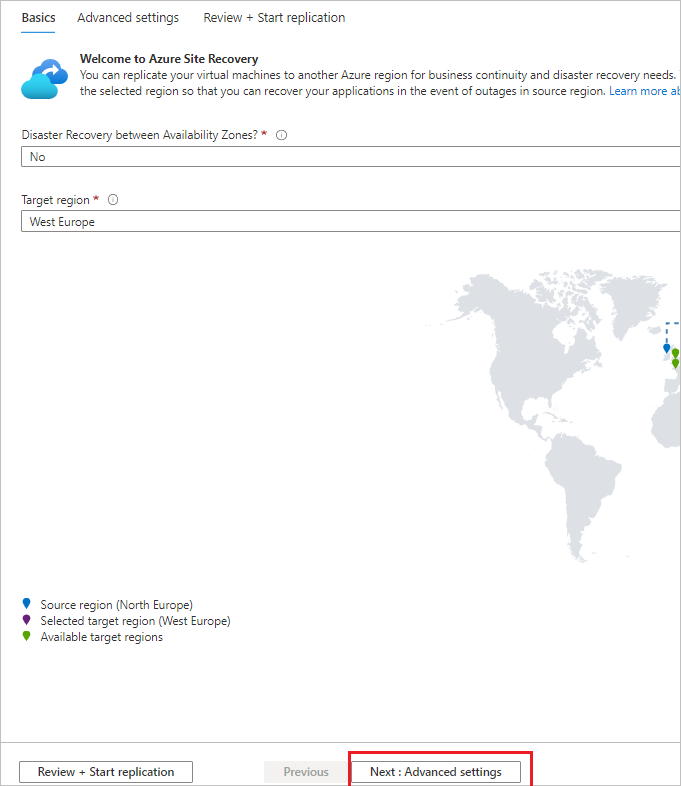 Defina as opções básicas de recuperação de desastres para uma VM.