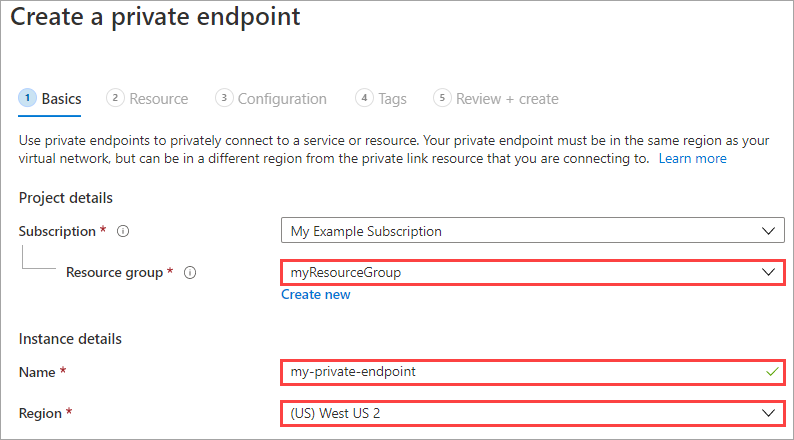 Captura de tela do fluxo de trabalho de criação de ponto de extremidade privado, primeiro painel. Se você não selecionar a região apropriada, poderá encontrar problemas mais tarde.
