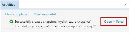 Captura de tela do Gerenciador de Armazenamento do Azure destacando o local do link no painel Atividades com mensagens de status de instantâneo.