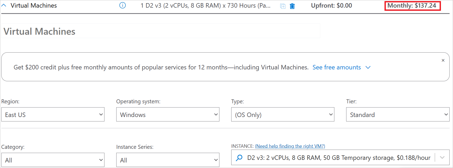 Captura de tela mostrando a seção de estimativa e as principais opções disponíveis para máquinas virtuais.