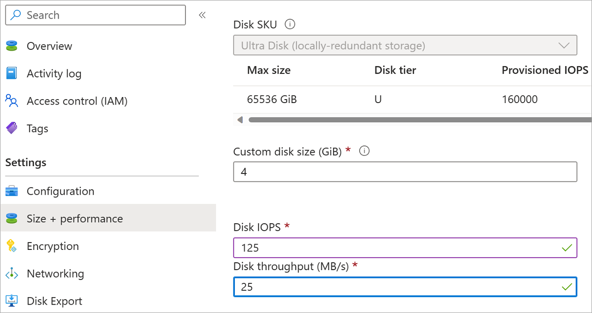 Captura de tela da folha de configuração no Ultra Disk, tamanho do disco, iops e taxa de transferência são realçados, save é realçado.