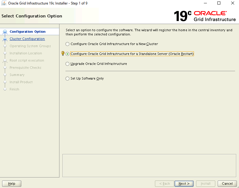 Captura de ecrã da página Selecionar opção de configuração do instalador.