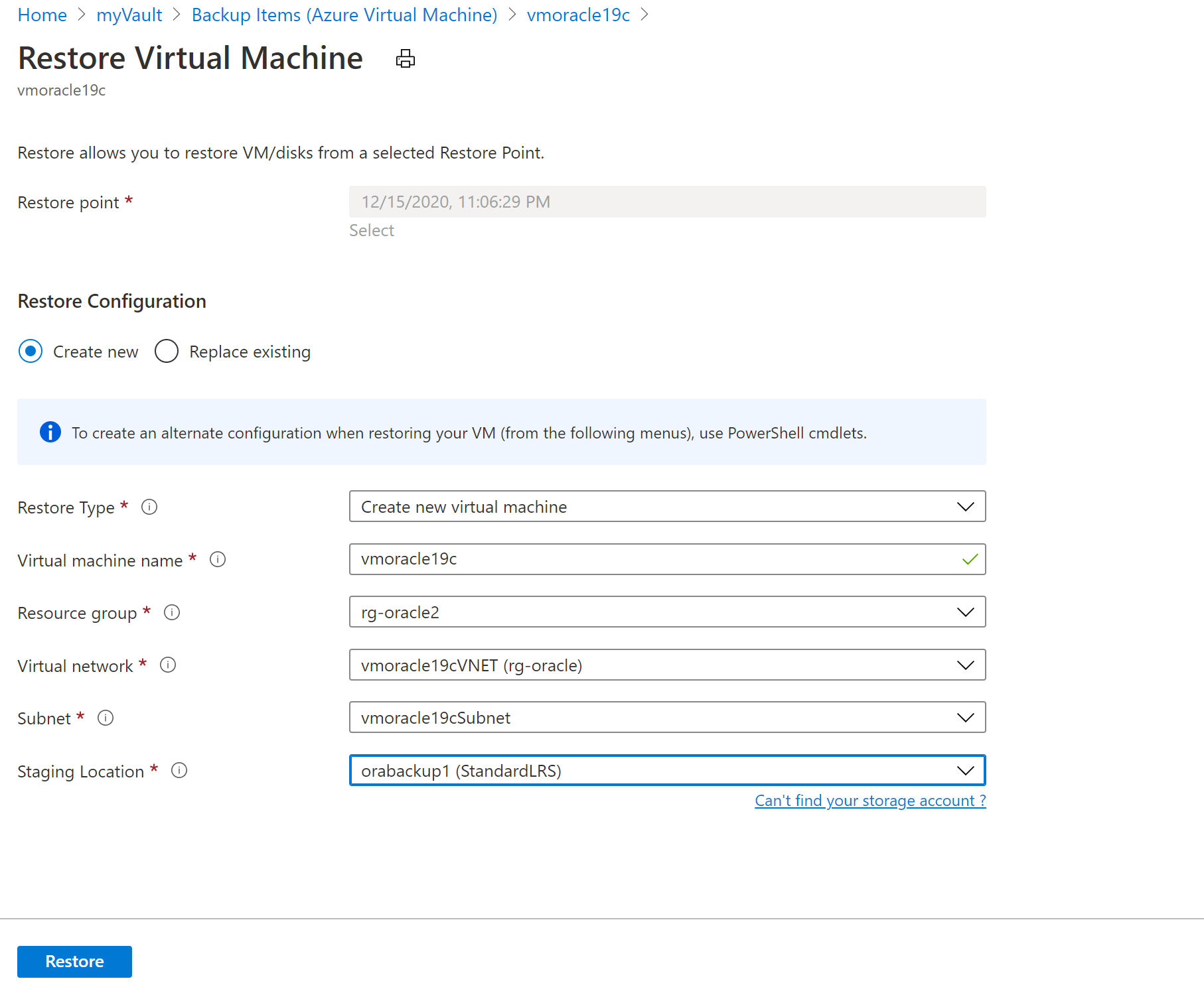 Captura de tela que mostra valores para restaurar uma máquina virtual.