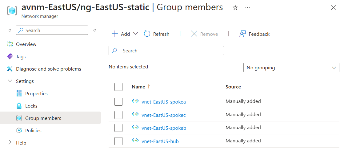 Captura de tela de membros estáticos no grupo de rede para uma implantação de topologia estática.