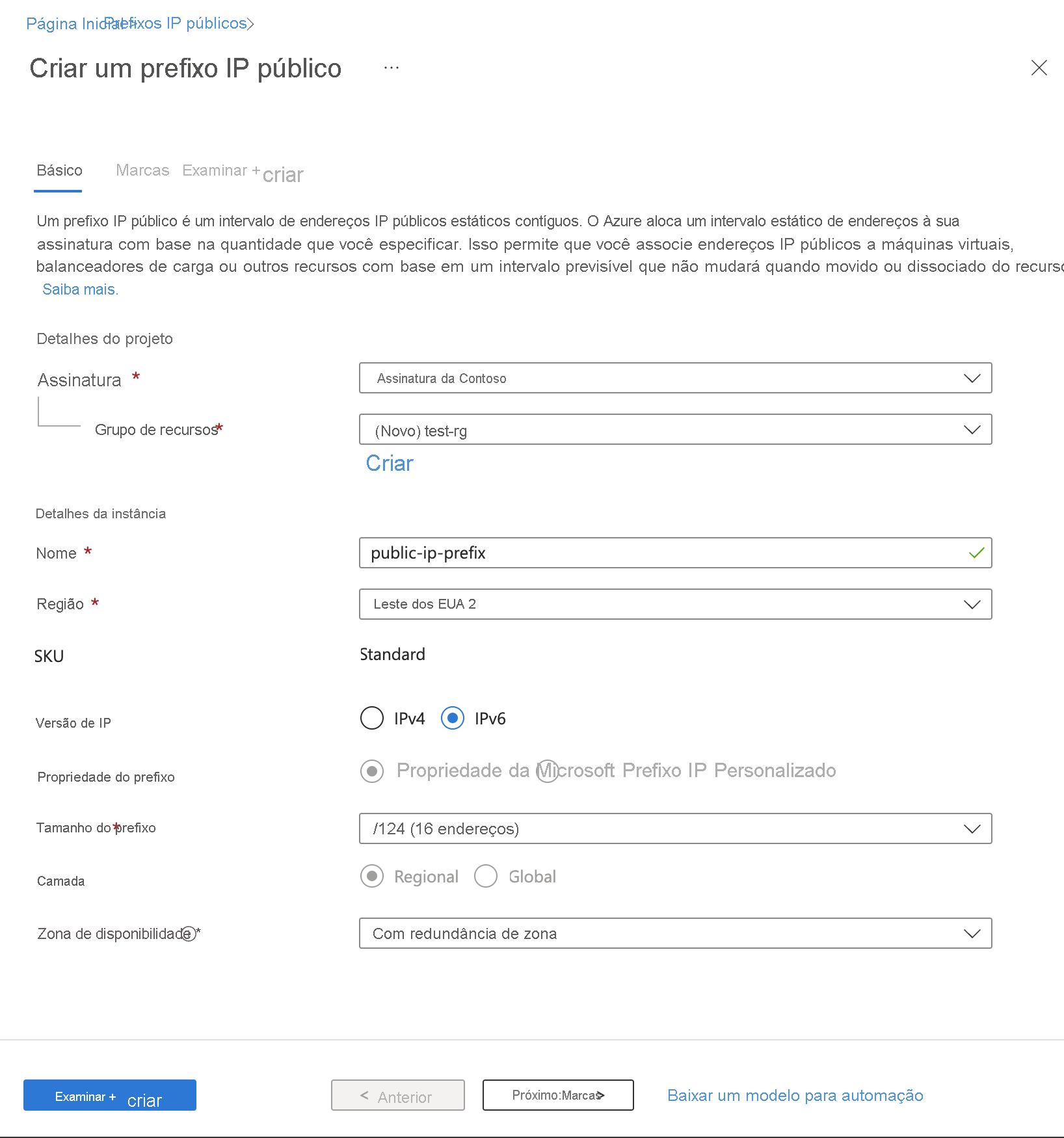 Captura de ecrã da criação do prefixo de endereço IP público IPv6 no portal do Azure.