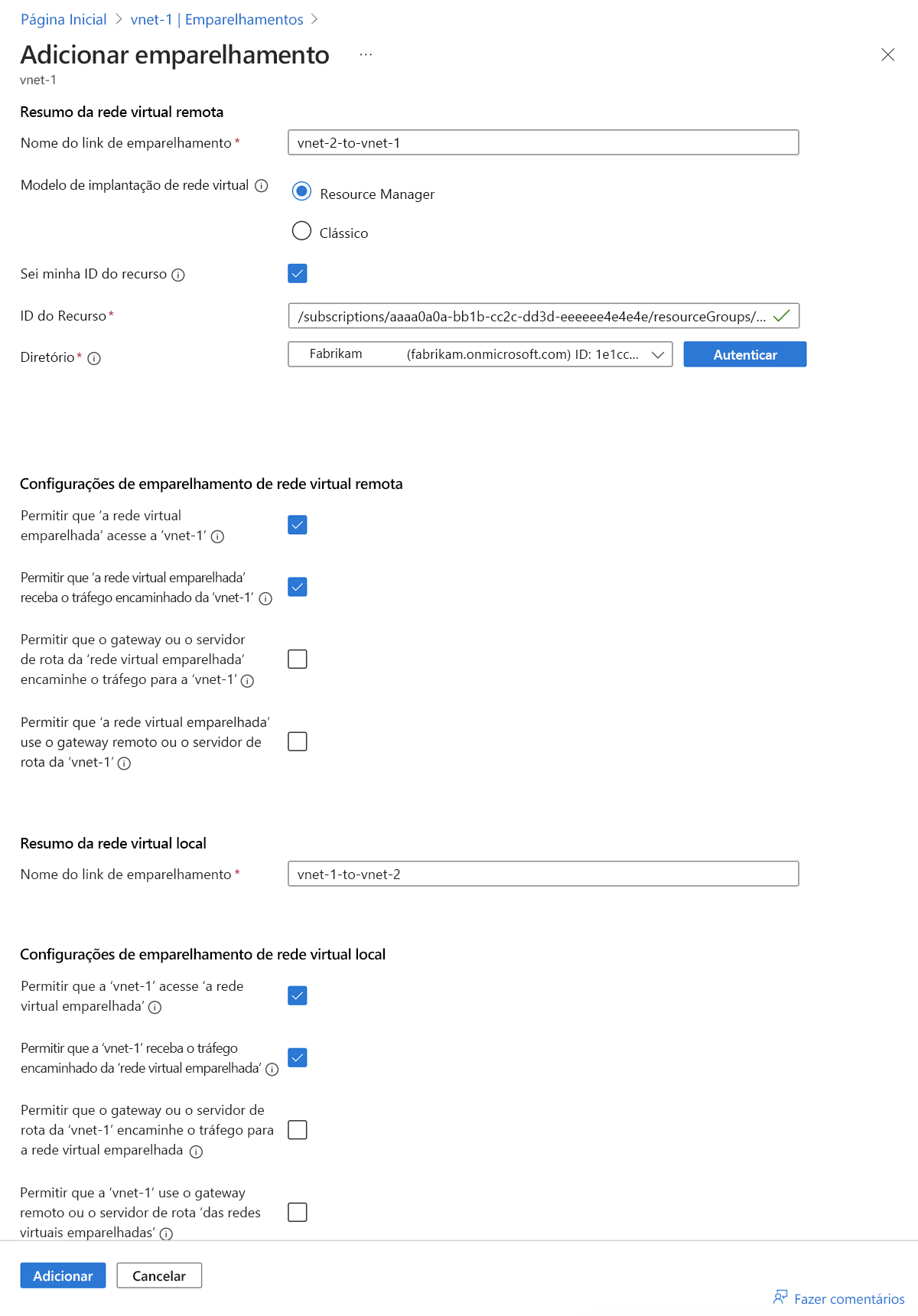 Captura de tela do emparelhamento de vnet-1 para vnet-2.